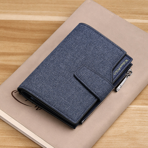 WILLIAMPOLO Luxury Casual Ultra-thin Canvas Retro Genuine Leather Blue Short-M Wallets