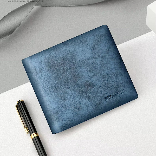 WILLIAMPOLO Trendy & Luxury Exquisite Soft Touch Cowhide Leather Blue Short Wallets
